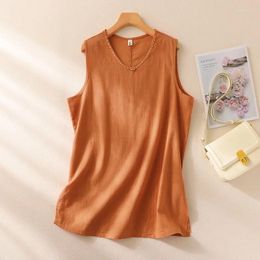 Women's Blouses Cotton And Linen V-neck Sleeveless Shirt Vest Summer Retro Artistic Loose Plus Size Simple Elegant Mid-length Top