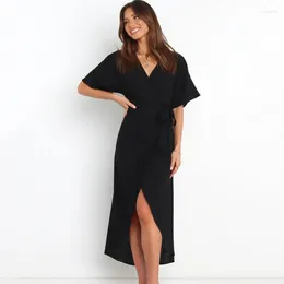 Party Dresses Ardm Elegant V Neck Black Asymmetrical A-Line Holiday Beach Women For 2024 Lace Up Short Sleeve Midi Dress Vestido