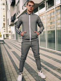European and American casual sportswear autumn vertical neckline zippered cardigan jacket grid sports pants mens clothing 240429