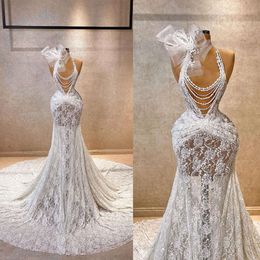 Mermaid Pearls Halter Magnificent Decoration Dreess Wedding Pleats 레이스 코트 사용자 정의 메이드 크기 섹시 신부 가운 멍청이 드 노비아