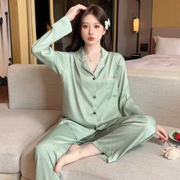 Women's Sleep Lounge 2024 Spring/autumn Jacquard Ice Silk Womens Pajamas Two Pieces Sets Long Sleeve Pants Sleepwear Classic Elegant Female Homewear