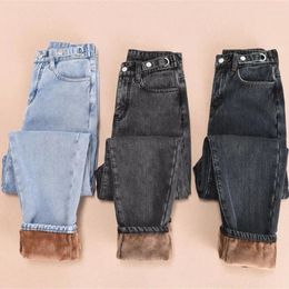 Women's Jeans Winter Loose Straight Pants High Waist Women's Velvet Warm Ankle Length Thick Fleeces Denim Trousers Female Snow 2110