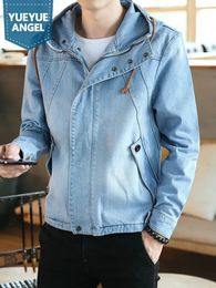 Spring Autumn Japanese Retro Mens Hooded Denim Jacket Slim Fit Zipper Casual Outerwear Male Long Sleeve Streetwear Coats 240428