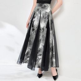 Skirts Chinese Style Vintage For Women 2024 Summer Elegant Fashion Print Satin Patchwork Mesh Skirt A-line Women's Long