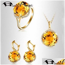 Pendant Necklaces Pendants Black Angel Citrine Cz Wedding Jewelry Set Long Clip Earrings Necklace Ring For Women Engagement Christma Dhqdf