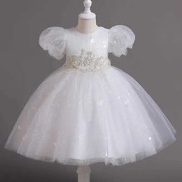 Flickans klänningar flickor sommar kort puffed sömn kurs stil prinsessan klänning ren vit klänning barn piano prestanda #c551l240508