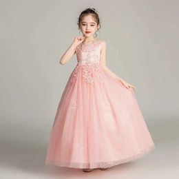 Girl's Dresses BX683 Childrens Long Wedding Dress Fluffy Net Princess 3-15 Year Old Costume Girl Performance BallL240508