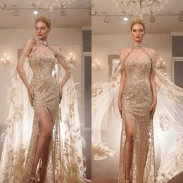 Luxurious Column Sparkling Prom Dresses Halter Sleeveless Beaded Crystal Lace Appliques Sequins Feathers Celebrity Evening Dresses Plus Size Custom Made L24652