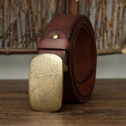 Belts 3.7cm Genuine Leather Belt For Men Top Layer Cowhide Solid Brass Plate Buckle Men's Korean-style Wrinkled Jeans