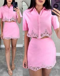 Two Piece Dress Women Suit 2024 Spring/summer Latest 2Pcs Turn Down Collar Fashion Contrast Lace Trim Button Short Slved Button Top skirt Set Y240508