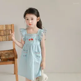 Girl Dresses Summer Baby Girls Cotton Blue Embroidery Floral Button Back Ruffled Sleeves Pockets Dress Kids Sweet Skirt Children Outfit