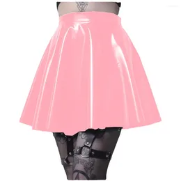 Skirts Women Gothic High Waist Patent Leather Skirt Lady PVC Flared Pleated A-line Circle Mini Skater Clubwear Wet Look Faldas