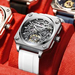 Wristwatches 2024 Box BINBOND H1133 Tourbillon Mechanical Watch Men Automatic Steel Strap Skeleton Mens Watches Top