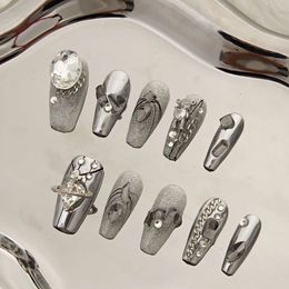Mirror Silver Long Nail Black French Nail Cool flower chain decor heart shape press on fake nails 240430