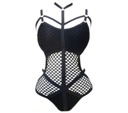 Black Sheer Knit Net Mesh Women Swimwear One Piece Swimsuit Female Bather Bathing Suit Swim Halter6797547