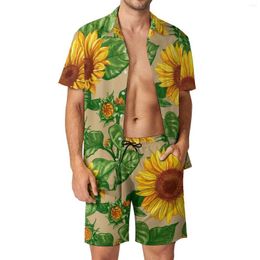 Men's Tracksuits Sunflower Men Sets Yellow Flowers Casual Shorts Beachwear Shirt Set Summer Retro Graphic Suit Short Sleeve Oversized