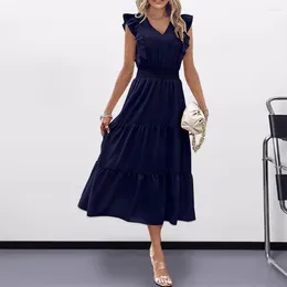 Casual Dresses Women Dress Elegant V-neck Ruffle Sleeve Midi With High Elastic Waist A-line Hem Summer Prom Commute Lady Long