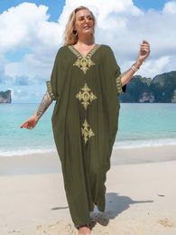 Women's Embroidery Swimsuit Cover Ups Beach Up Caftan Plus Size Vneck Rainbow Ethnic Print Kaftan Batwing