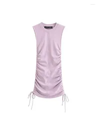 Casual Dresses Summer 2024 Womens Fashion Side Drawstring Pleated Mini Dress Ladies Elegant O-Neck Sleeveless Slim Purple Short