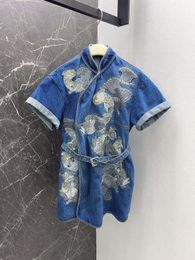 Chinese style embroidered denim dress