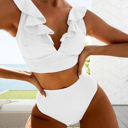 Women's Swimwear Women Bikini Set V-Neck Ruffle Stitching Tops High Waist Trunks Lace-Up Back Swimsuit 2Pcs/Set