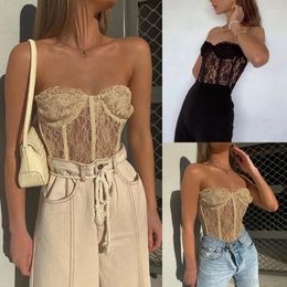 Women's Tanks Women Sexy Strapless Sheer Mesh Crop Top Floral Lace See-Through Corset Bustier Club Party Bralette Underwear Wholesales