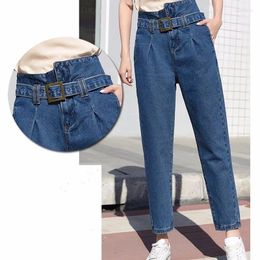 Women's Jeans Women High Waist Belt Denim Vintage Pants Female Spring Summer Harem Ankle Length Blue Casual Loose Boyfriend Trousers