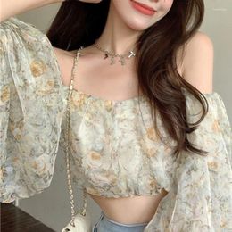 Women's Blouses French Style Sweet One Shoulder Elegant Chic Fairy Pure Bubble Sleeve Top 2024 Summer Short Off Floral Chiffon Shirt