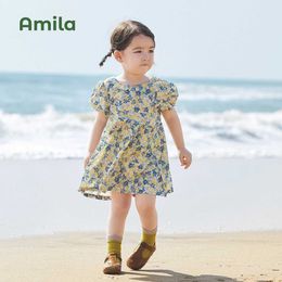 Girl's Dresses Amila Baby Girl Dress 2023 Summer New 100% Cotton Flower Breathable Short Sleeves Cute Full Print Childrens Clothing 0-6 YearsL240508