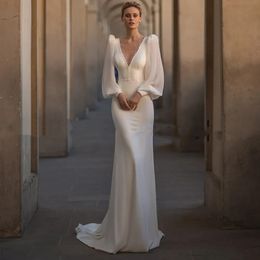 Sexy White Mermaid Wedding Dresses 2024 Chic V-Neck Long Puff Sleeve Beading Backless Bridal Formal Party Gown Court Train Vestidos De Noiva