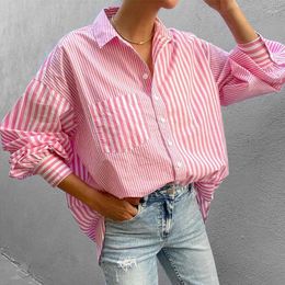 Women's Blouses Trend Casual Shirt Tops Women Pockets Polo Collar Loose Long Sleeve Striped Shirts Top Single Breasted