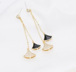 New brand fanshaped ginkgo leaf s925 silver needle long tassel earrings Jewellery 18k gold plated highend sparkling zircon earring484972742