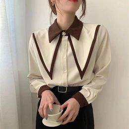 Women's Blouses Spring Vintage Chiffon Shirts Women Elegant Patchwork Long Sleeve Office Lady Black Turn Down Collar Casual Tops