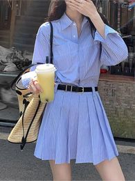 Work Dresses Blue Striped Loose Casual Shirts And A-line Short Skirt Set Cotton Blend Single Breasted Blouse Fashion 2 Piece Women Outfit