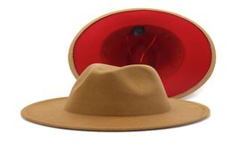 Tan Red Patchwork Wool Felt Jazz Fedora Hats Wide Brim Women Men Party Wedding Cowboy Trilby Panama Gambler Hat4215732