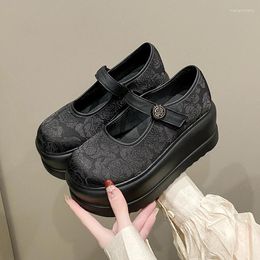 Casual Shoes 2024 Spring/Summer Platform Embroidered Print Buckle Shallow Women's Round Head Comfort Thick Sole Mary Janes Shoe