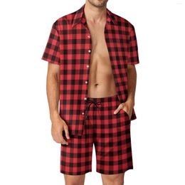 Men's Tracksuits Red And Black Plaid Men Sets Retro Checkerboard Casual Shirt Set Vintage Beach Shorts Summer Suit 2 Piece Clothing Big Size