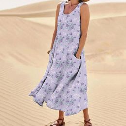 Casual Dresses Women's Summer Cotton And Round Neck Sleeveless Pocket Retro Floral Breathable Dress Long Tunics