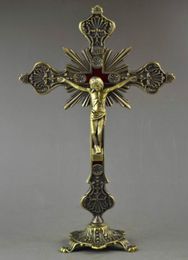 Exquisite Chinese Old Copper Jesus On Cross Stand For Redemption Special Statue3724694