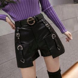 Women's Shorts Regular Fit With Belt Women Autumn And Winter Leather High Waist Pu Solid Casual Pants Ropa Mujer T421