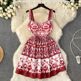 Summer Runway Red Blue And White Porcelain Dress Women Spaghetti Strap Floral Print Cup Pad Back Zip Holiday Beach Mini Vestidos 240426