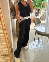 Women's Two Piece Pants Strong Girl 2024 Fashion Casual Stripe V-Neck Vest Clothes And Pocket Design Set In Stock