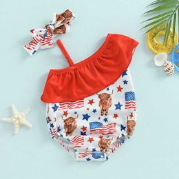 One-Pieces Independence Day Kids Girl Swimsuits Summer Flag Cow Print One Shoulder Jumpsuit and Headband Beachwear Bathing Suits H240508