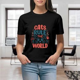 Women's T-Shirt Cats Rule The World Animal Lover T Shirt for Women Kawaii Graphic Shirts T-Shirt Casual Short Slved Black Female T T-shirts Y240506