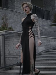Goth Dark Cosplay High Split Sexy Bandage Women Dresses Y2K Mall Gothic Halter Slim Midi Dress Black Grunge Style Alt Partywear 240423