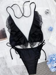 Women's Swimwear Gauze Ruffle Bikini Women 2024 Summer V-neck Two Piece Swimsuit Solid Colour Lace Up Thong Tankini Backless Bathing Suit