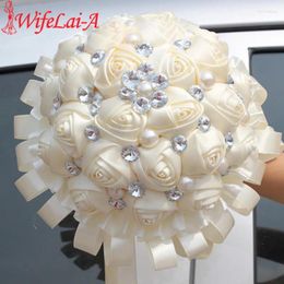 Wedding Flowers WifeLai-A 1Piece Handmade Sapphire Ivory Ribbon Bouquet Decorative Silk Rose Bride Bridal Crystal Bouquets W270