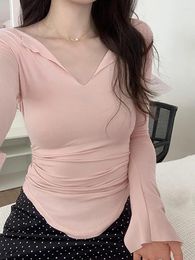 Women's T Shirts Long Sleeve Tees Sexys V Neck S Korean Fashion Pink Top Slim Women Clothes Tshirt 2024 Tops