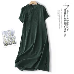 Party Dresses Limiguyue Cotton Linen Jacquard Midi Dress Retro Short Sleeve A-Line Summer Vintage Split Chinese Vestidos E616