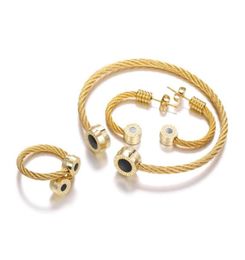 Luxury 3pcsSet Open Bangle Men Bracelet Cuff Stainless Steel Titanium Ring Earring Sets Gold Colour Jewellery For Charm Bracelets6402714